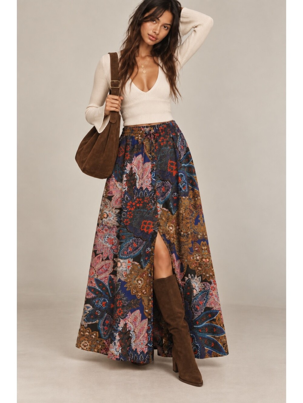 Anthropologie Vanessa Virginia Paisley Maxi Skirt Boho Button Front Slit Medium